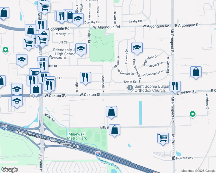 map of restaurants, bars, coffee shops, grocery stores, and more near 390 Dover Lane in Des Plaines