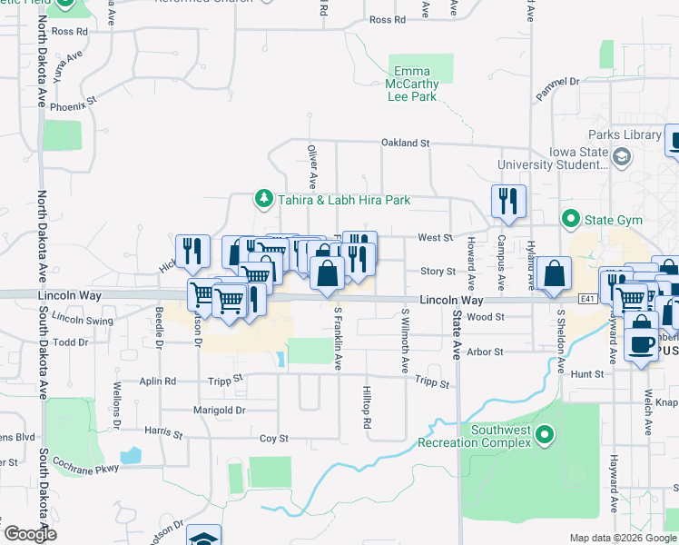 map of restaurants, bars, coffee shops, grocery stores, and more near 206 South Franklin Avenue in Ames