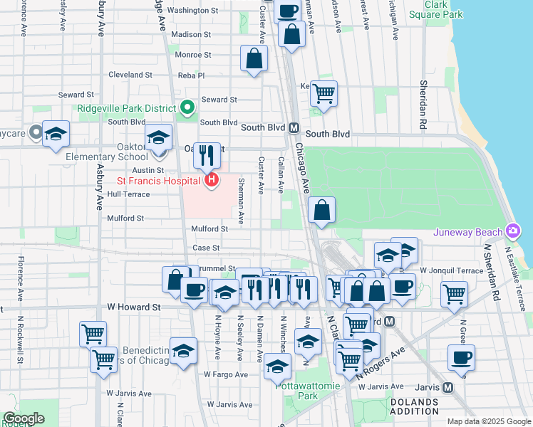 map of restaurants, bars, coffee shops, grocery stores, and more near 326 Callan Avenue in Evanston