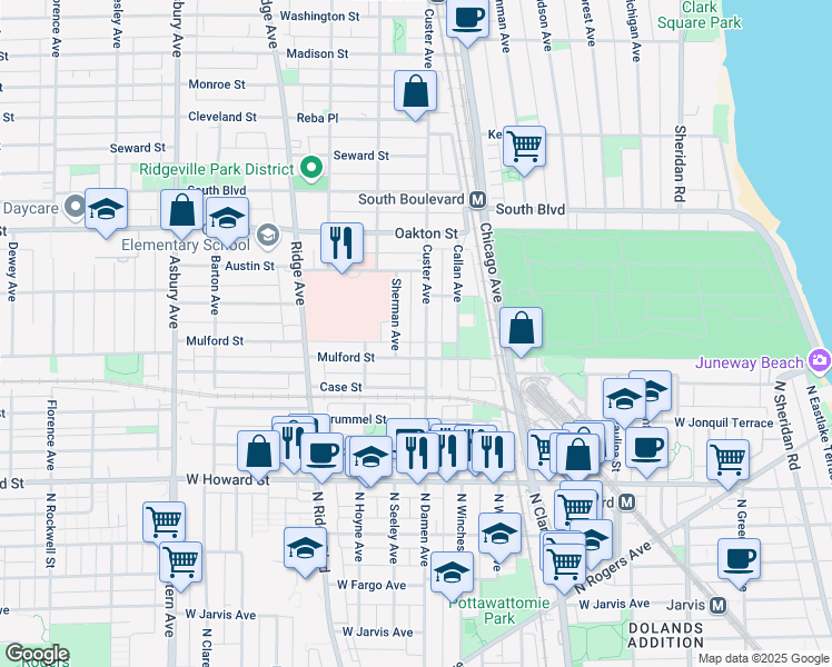 map of restaurants, bars, coffee shops, grocery stores, and more near 326 Custer Avenue in Evanston