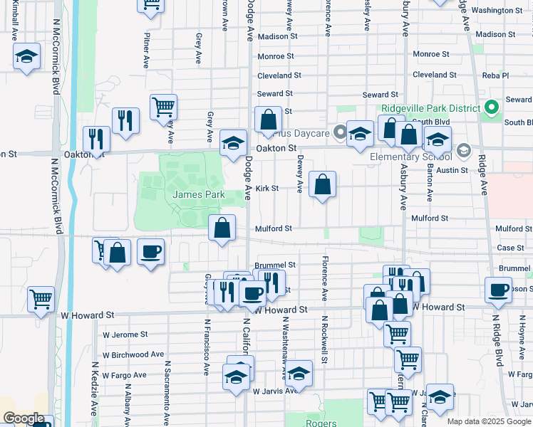 map of restaurants, bars, coffee shops, grocery stores, and more near 325 Dodge Avenue in Evanston