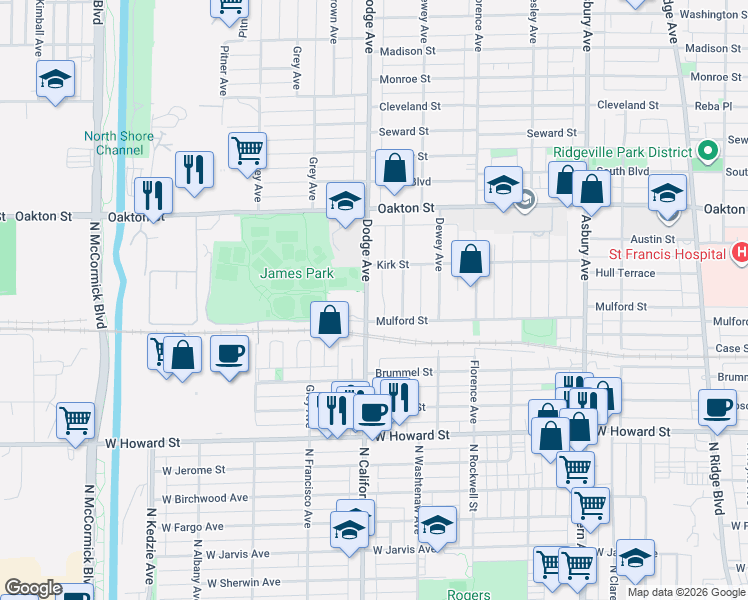map of restaurants, bars, coffee shops, grocery stores, and more near 325 Dodge Avenue in Evanston