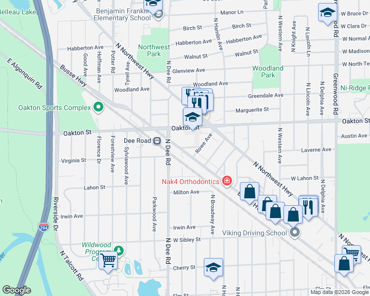 map of restaurants, bars, coffee shops, grocery stores, and more near 2200 Bouterse Street in Park Ridge