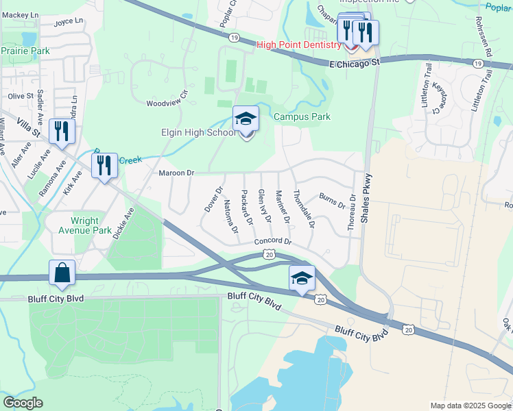 map of restaurants, bars, coffee shops, grocery stores, and more near 649 Packard Drive in Elgin