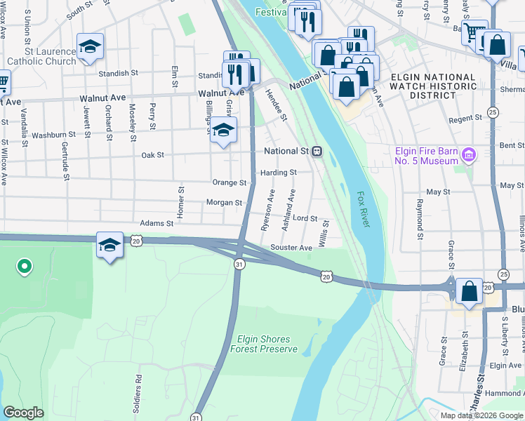 map of restaurants, bars, coffee shops, grocery stores, and more near 483 South State Street in Elgin