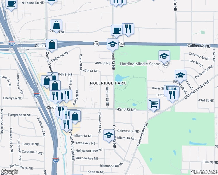 map of restaurants, bars, coffee shops, grocery stores, and more near 4438 Benton Street Northeast in Cedar Rapids