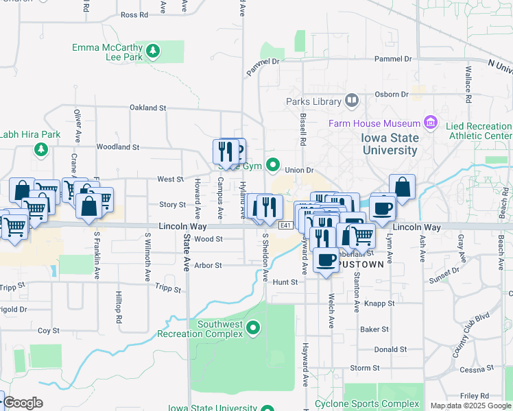 map of restaurants, bars, coffee shops, grocery stores, and more near 134 North Hyland Avenue in Ames