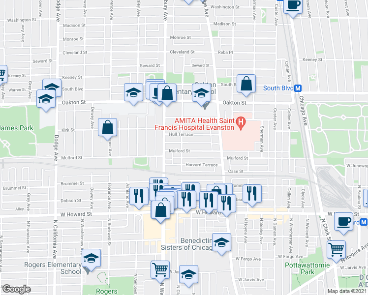 map of restaurants, bars, coffee shops, grocery stores, and more near 1127 Mulford Street in Evanston
