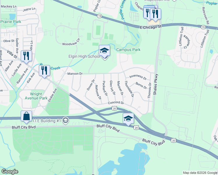 map of restaurants, bars, coffee shops, grocery stores, and more near 649 Packard Drive in Elgin