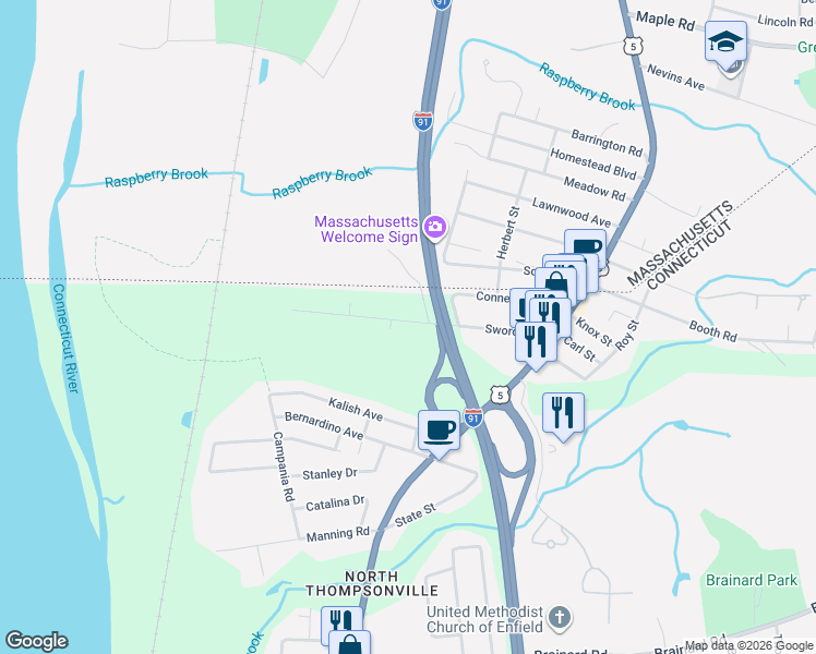 map of restaurants, bars, coffee shops, grocery stores, and more near 45 Sword Avenue in Enfield