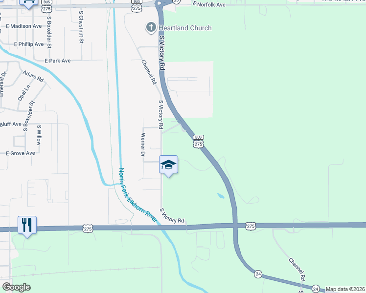 map of restaurants, bars, coffee shops, grocery stores, and more near 1301 East Grove Avenue in Norfolk