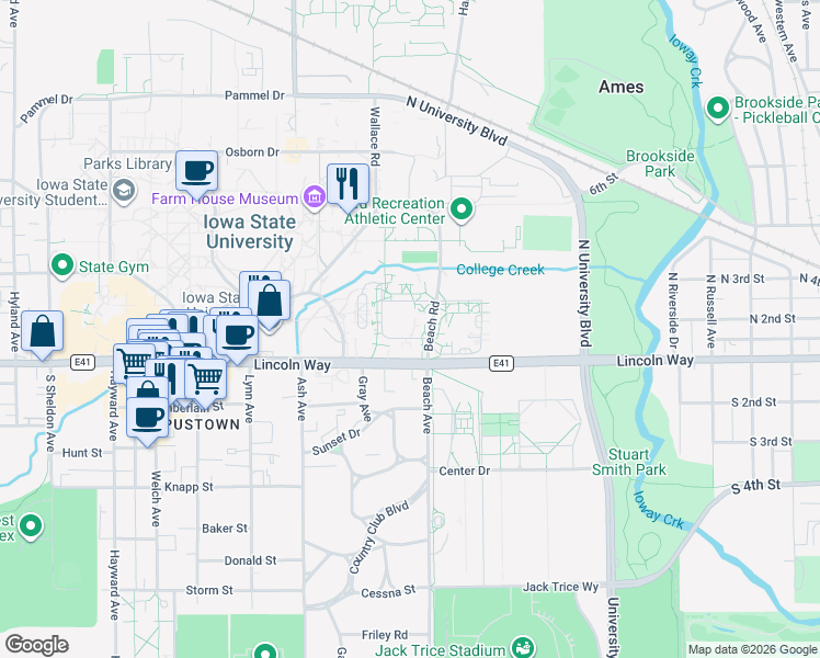 map of restaurants, bars, coffee shops, grocery stores, and more near in Ames