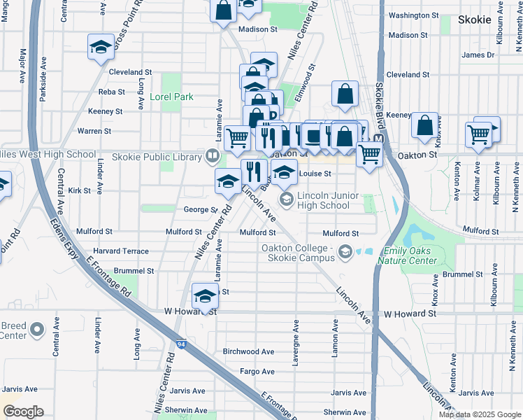 map of restaurants, bars, coffee shops, grocery stores, and more near 7848 Lincoln Avenue in Skokie