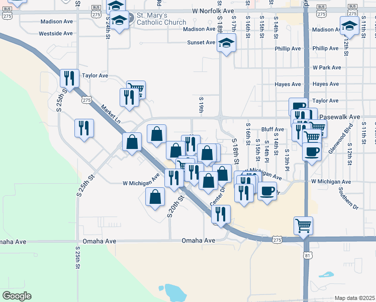 map of restaurants, bars, coffee shops, grocery stores, and more near 856 South 20th Street in Norfolk