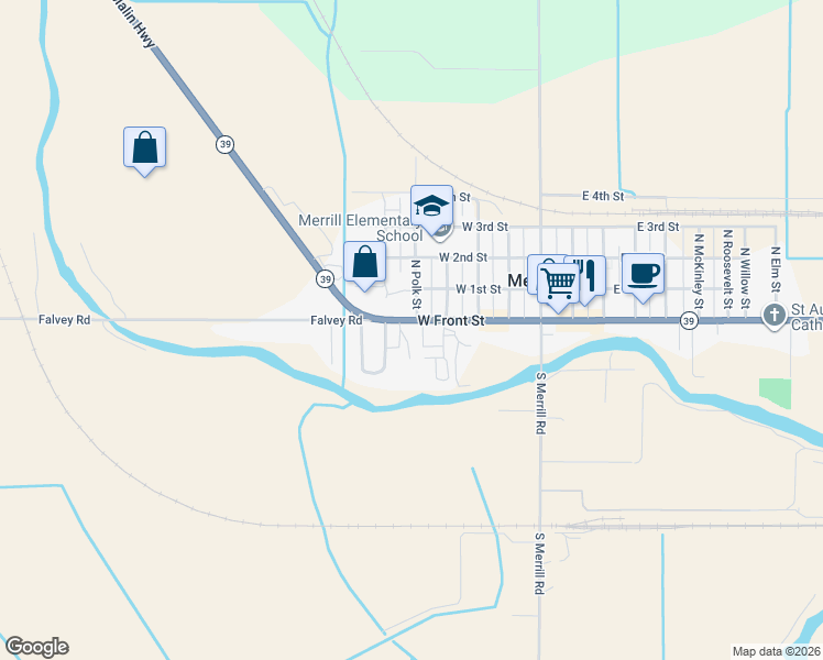 map of restaurants, bars, coffee shops, grocery stores, and more near 435 West Front Street in Merrill