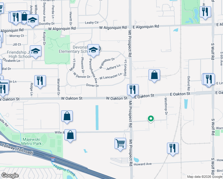 map of restaurants, bars, coffee shops, grocery stores, and more near 105 Dover Drive in Des Plaines