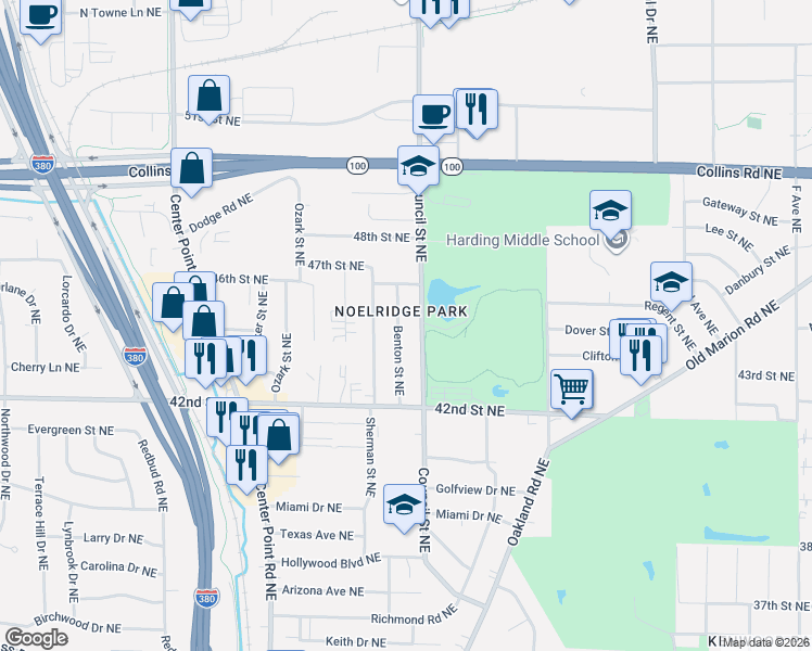 map of restaurants, bars, coffee shops, grocery stores, and more near 4438 Benton Street Northeast in Cedar Rapids