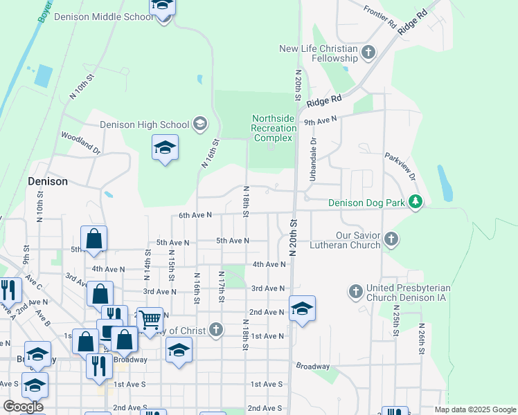 map of restaurants, bars, coffee shops, grocery stores, and more near 1816 6th Avenue North in Denison