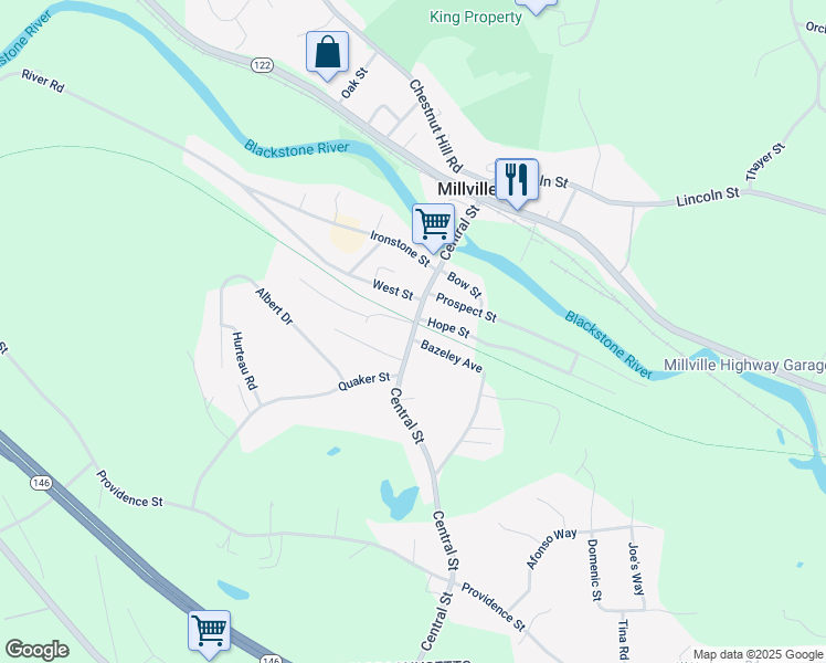 map of restaurants, bars, coffee shops, grocery stores, and more near 52 Central Street in Millville