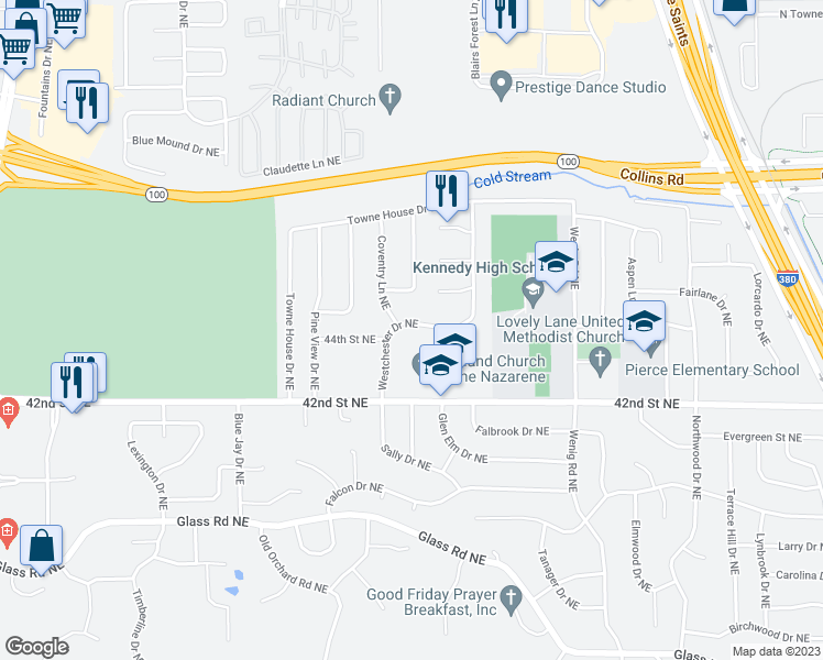 map of restaurants, bars, coffee shops, grocery stores, and more near 4370 Westchester Drive Northeast in Cedar Rapids