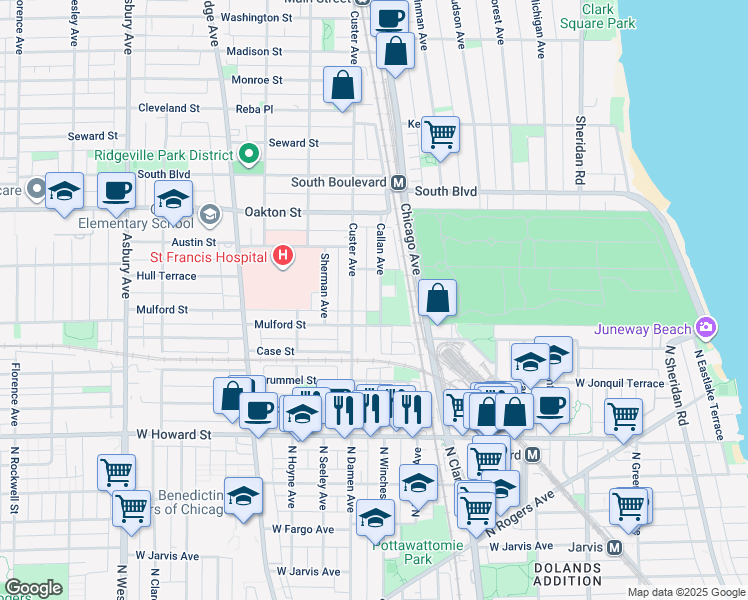 map of restaurants, bars, coffee shops, grocery stores, and more near 326 Callan Avenue in Evanston