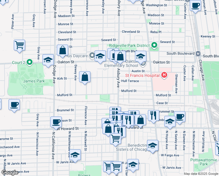 map of restaurants, bars, coffee shops, grocery stores, and more near 321 Wesley Avenue in Evanston