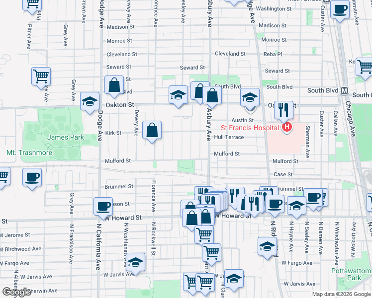 map of restaurants, bars, coffee shops, grocery stores, and more near 321 Wesley Avenue in Evanston