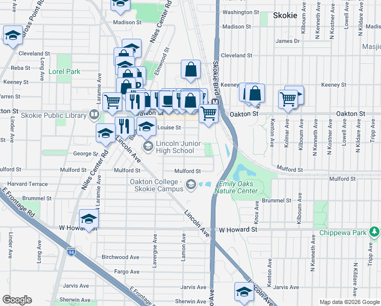map of restaurants, bars, coffee shops, grocery stores, and more near 4856 Hull Street in Skokie