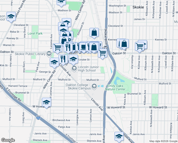map of restaurants, bars, coffee shops, grocery stores, and more near 4856 Hull Street in Skokie