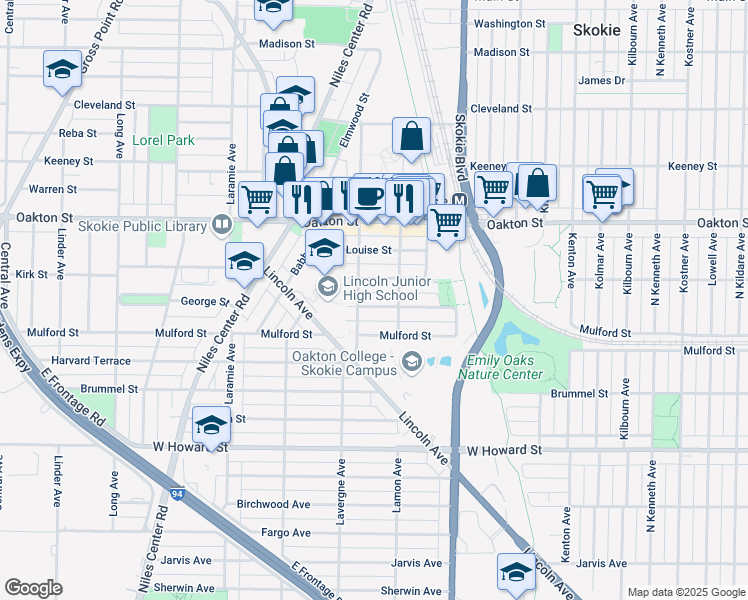 map of restaurants, bars, coffee shops, grocery stores, and more near 7835 Niles Avenue in Skokie