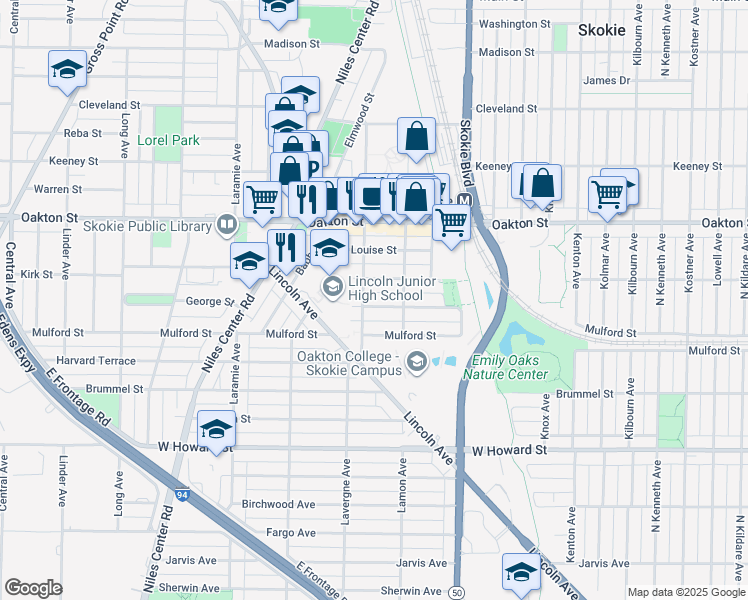 map of restaurants, bars, coffee shops, grocery stores, and more near 7835 Niles Avenue in Skokie