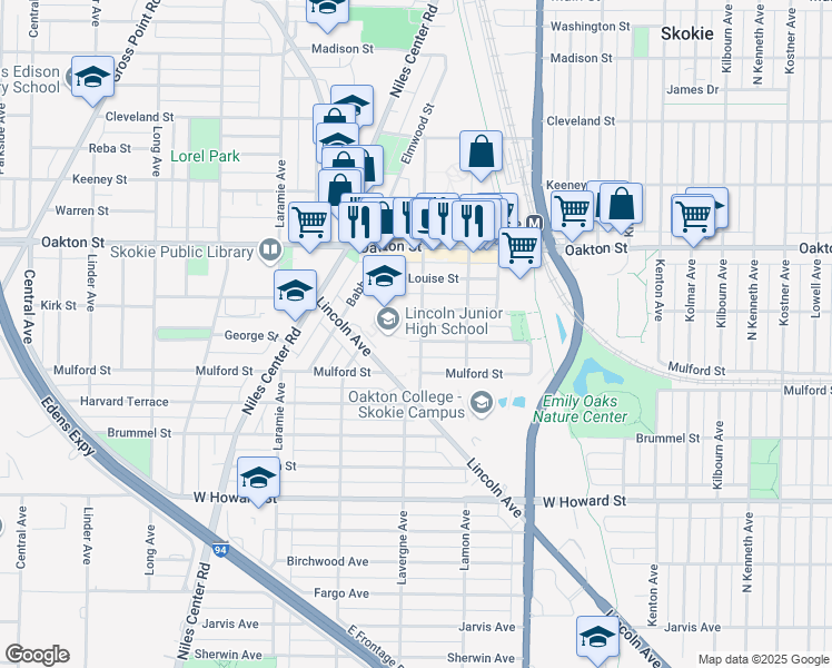 map of restaurants, bars, coffee shops, grocery stores, and more near 7835 Niles Avenue in Skokie