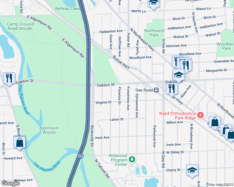 map of restaurants, bars, coffee shops, grocery stores, and more near 925 Florence Drive in Park Ridge