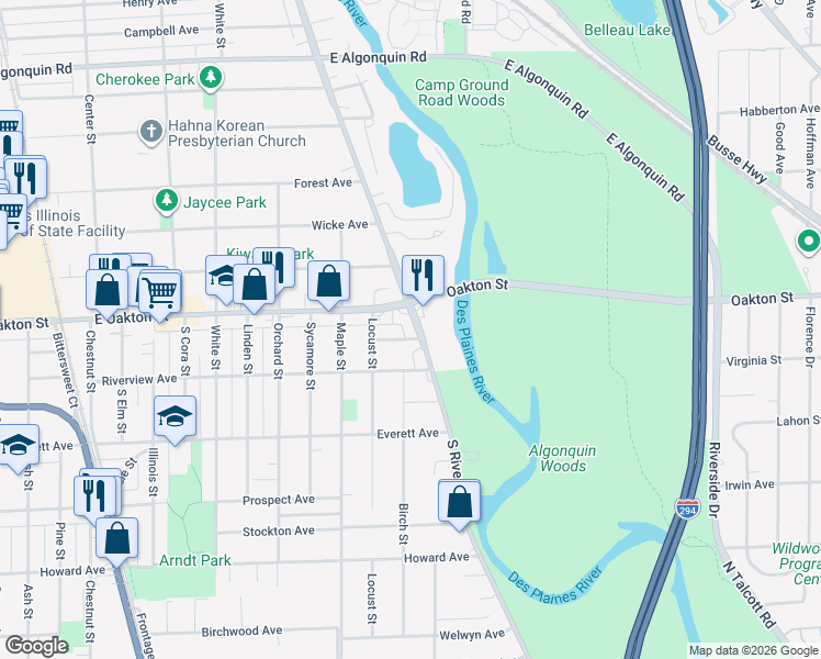 map of restaurants, bars, coffee shops, grocery stores, and more near 1881 East Oakton Street in Des Plaines