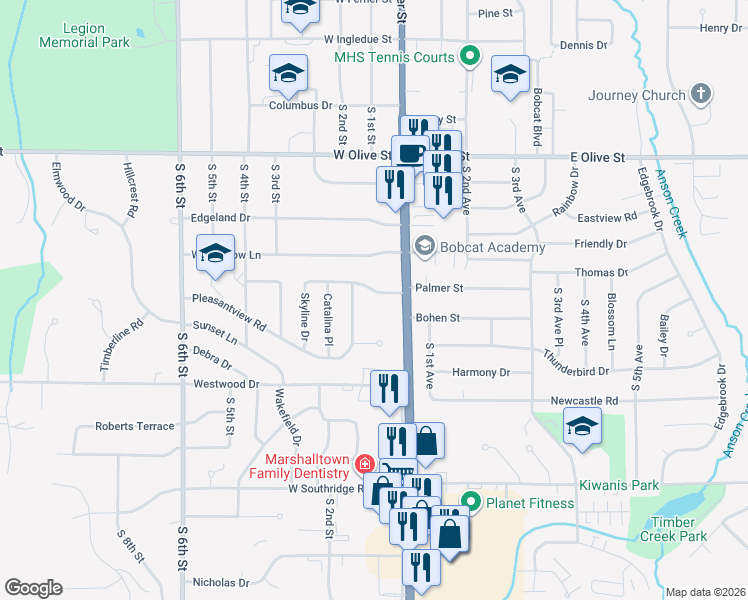 map of restaurants, bars, coffee shops, grocery stores, and more near 2004 Wardview Road in Marshalltown