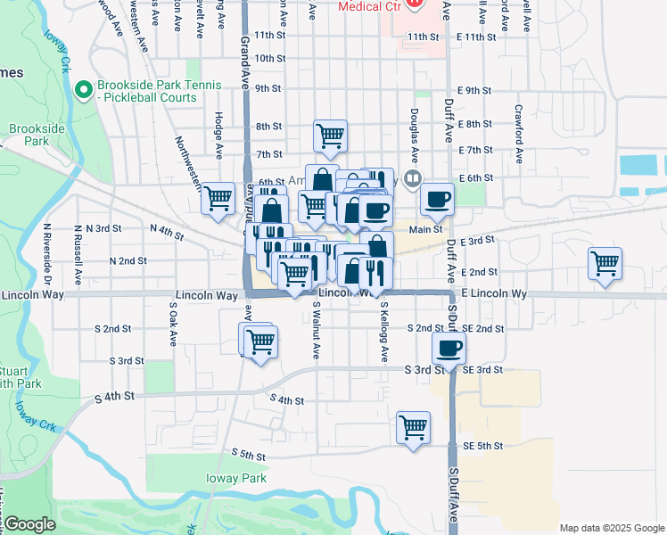 map of restaurants, bars, coffee shops, grocery stores, and more near 204 Clark Avenue in Ames