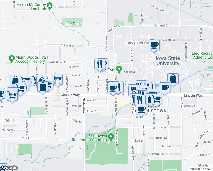 map of restaurants, bars, coffee shops, grocery stores, and more near 134 North Hyland Avenue in Ames