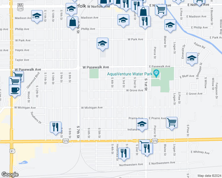 map of restaurants, bars, coffee shops, grocery stores, and more near 813 South 4th Street in Norfolk