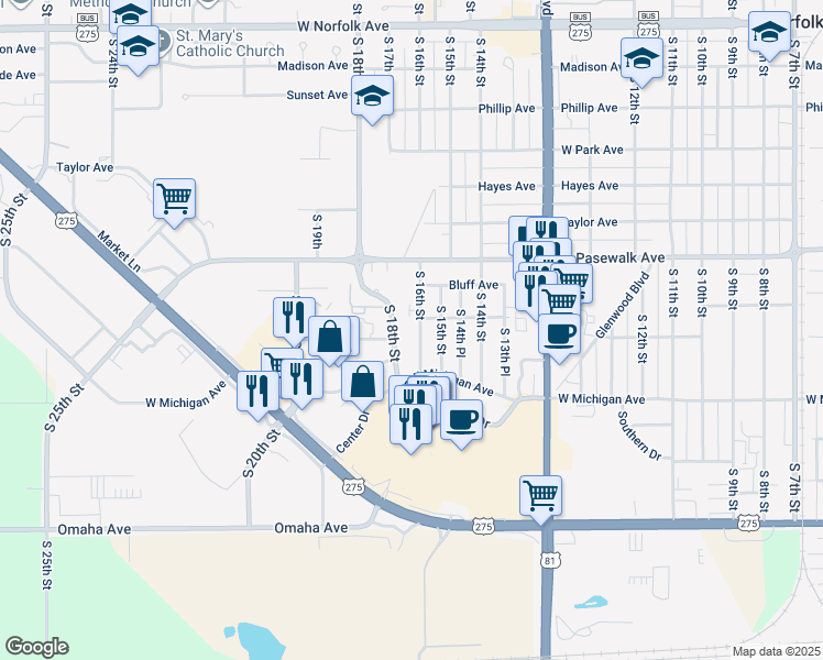 map of restaurants, bars, coffee shops, grocery stores, and more near 800 South 18th Street in Norfolk