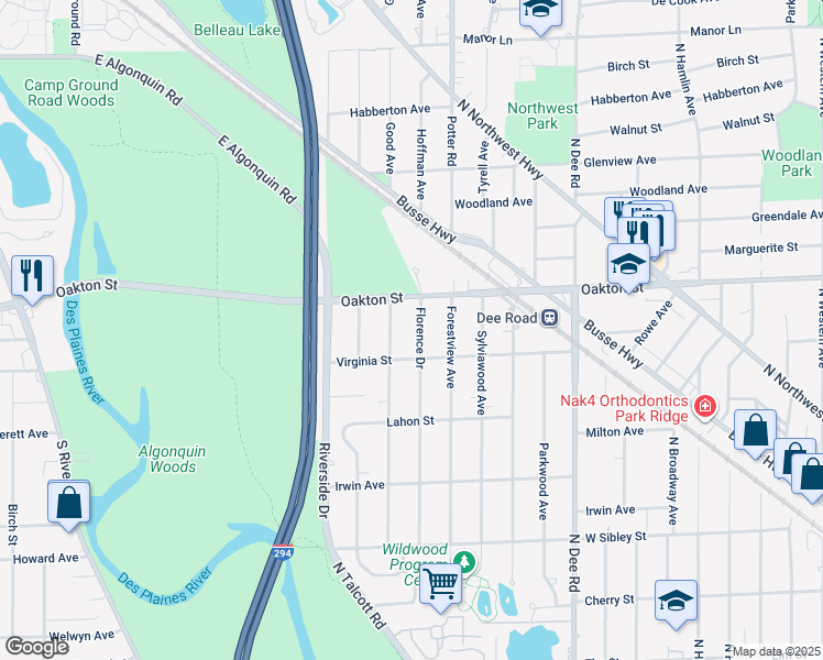 map of restaurants, bars, coffee shops, grocery stores, and more near 925 Florence Drive in Park Ridge