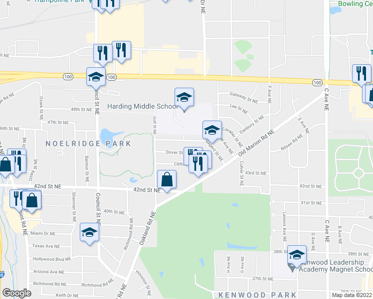 map of restaurants, bars, coffee shops, grocery stores, and more near 1010 Dover Street Northeast in Cedar Rapids