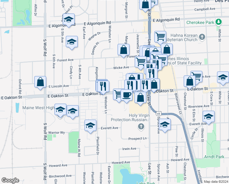 map of restaurants, bars, coffee shops, grocery stores, and more near in Des Plaines