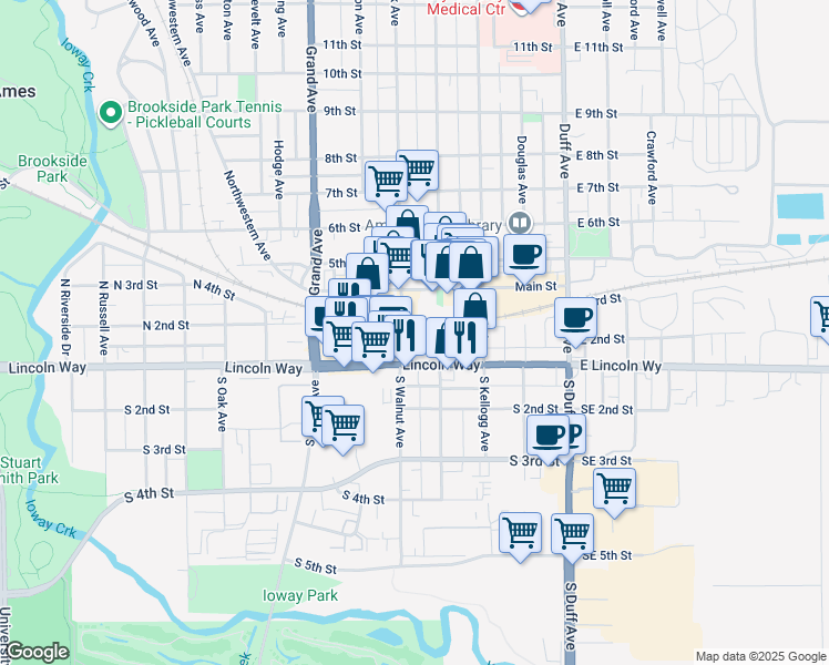 map of restaurants, bars, coffee shops, grocery stores, and more near 204 Clark Avenue in Ames