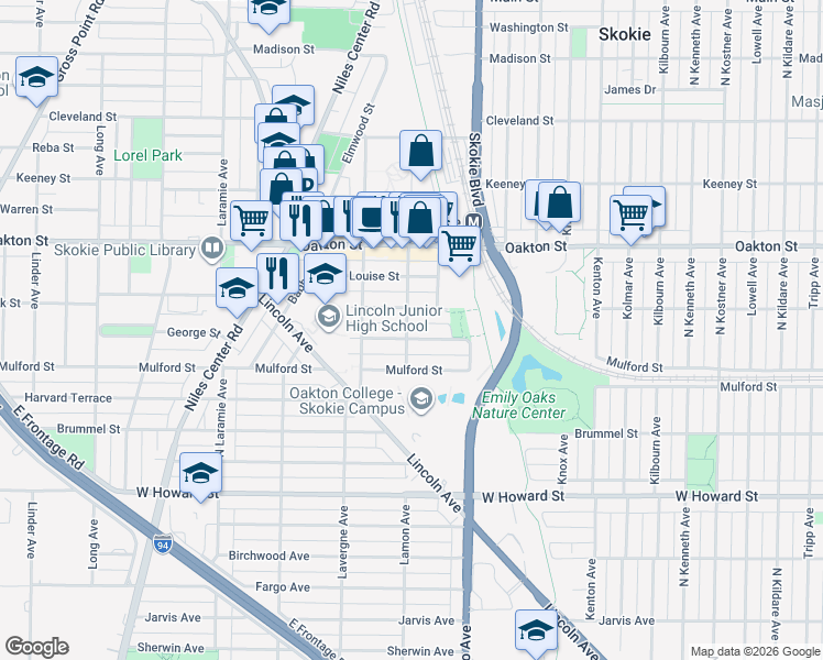 map of restaurants, bars, coffee shops, grocery stores, and more near 4856 Hull Street in Skokie