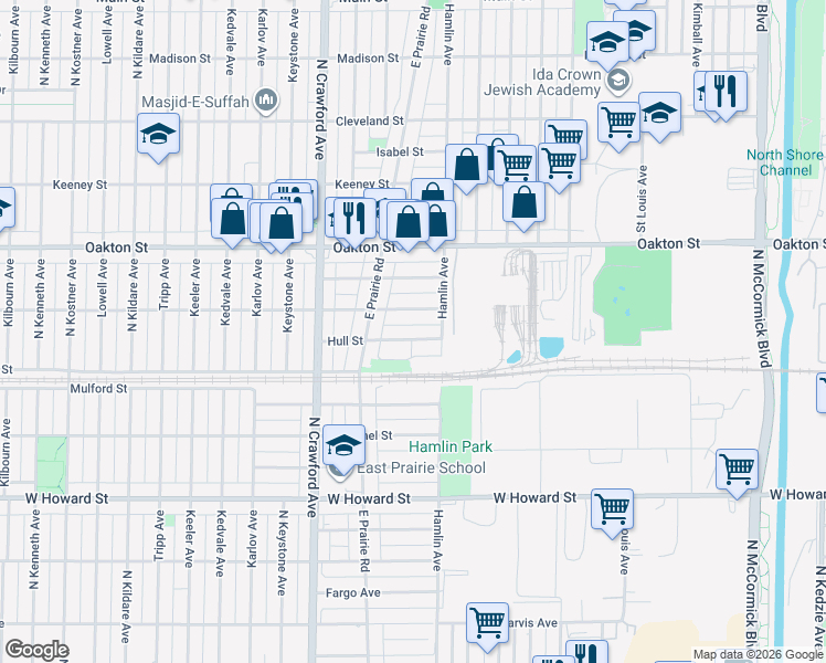 map of restaurants, bars, coffee shops, grocery stores, and more near 3828 Hull St in Skokie