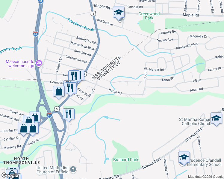 map of restaurants, bars, coffee shops, grocery stores, and more near 33 Booth Road in Enfield