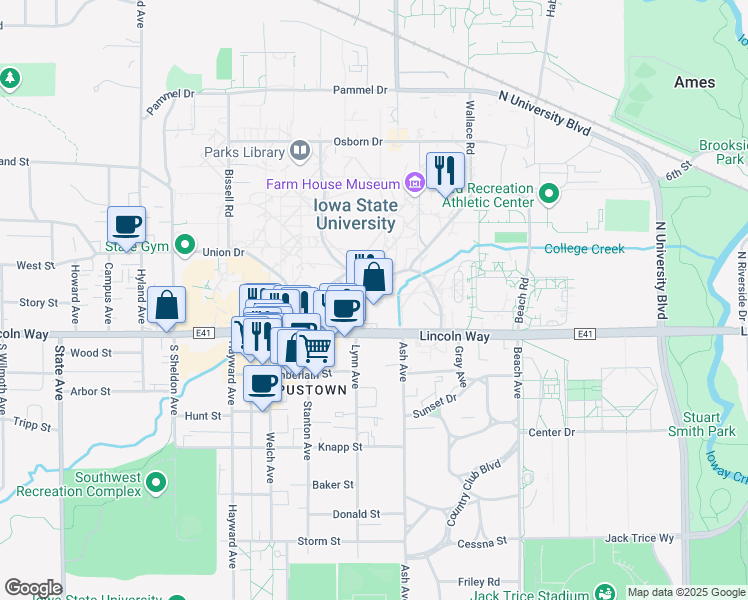 map of restaurants, bars, coffee shops, grocery stores, and more near 2229 Lincoln Way in Ames