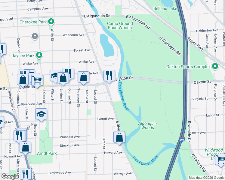 map of restaurants, bars, coffee shops, grocery stores, and more near 1645 South River Road in Des Plaines