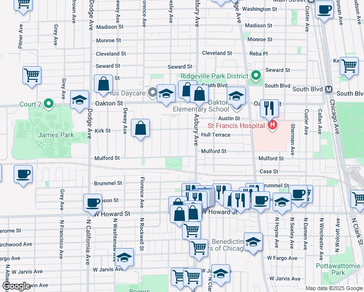map of restaurants, bars, coffee shops, grocery stores, and more near 321 Wesley Avenue in Evanston