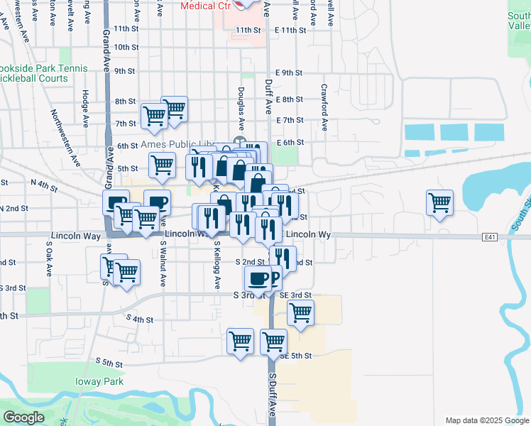map of restaurants, bars, coffee shops, grocery stores, and more near 201 Duff Avenue in Ames